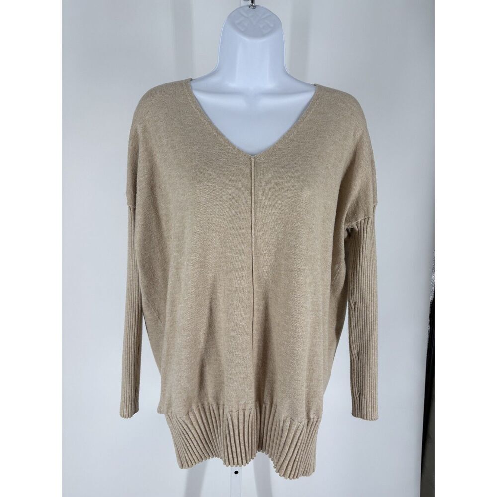 Evereve Beige Knit Sweater Women’s V-Neck Ribbed Cozy Pullover Top